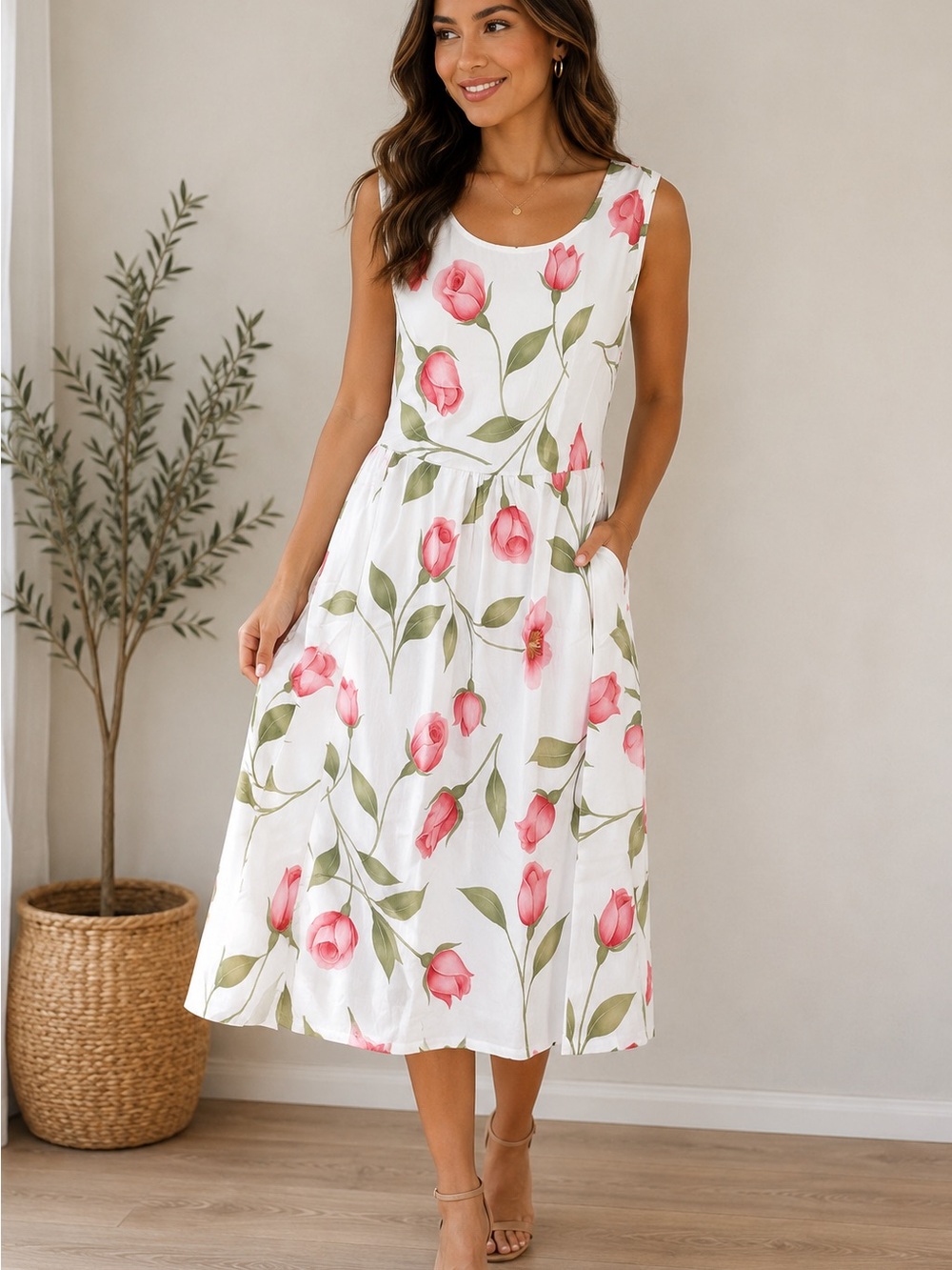 Sleeveless White Midi Dress with Pink Floral Print